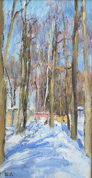 WINTER LANDSCAPE Vintage original oil painting on cardboard by Soviet Ukrainian artist I.Vorobiov Two birch trees 1960s